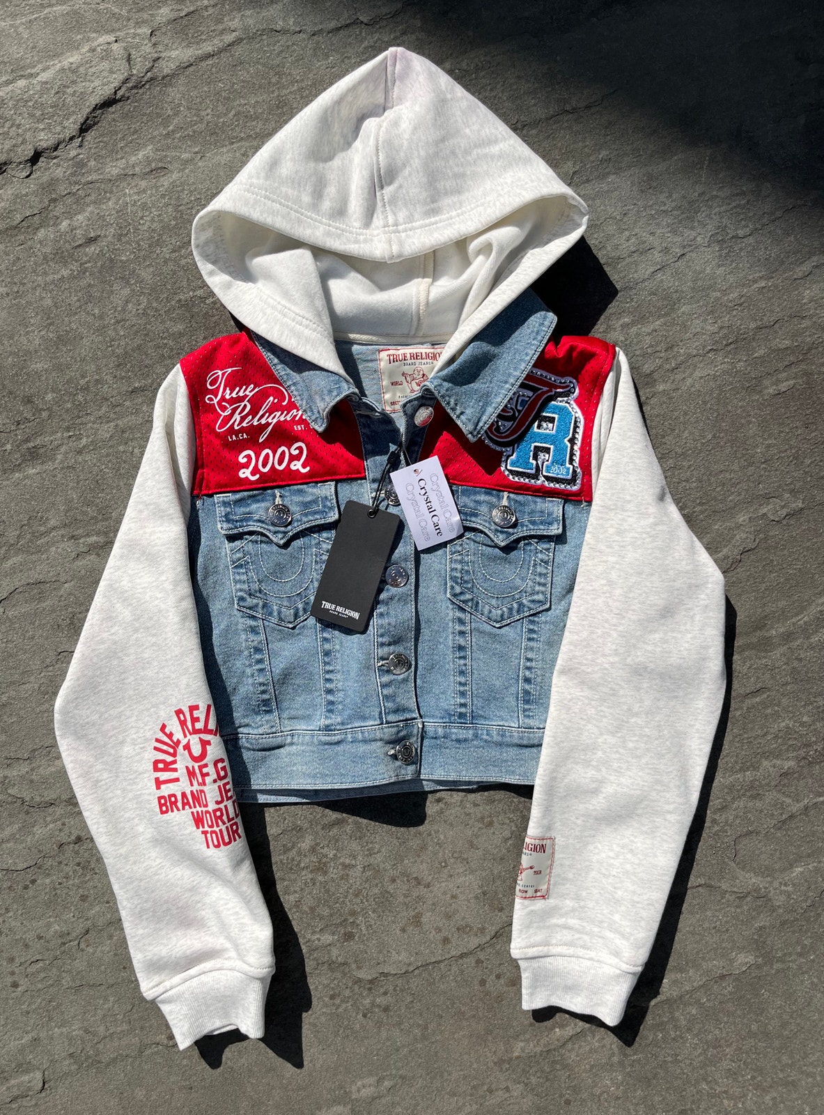 True Religion Crystal Embellished Mesh Sport Jersey Denim Hooded Jacket S Nwt